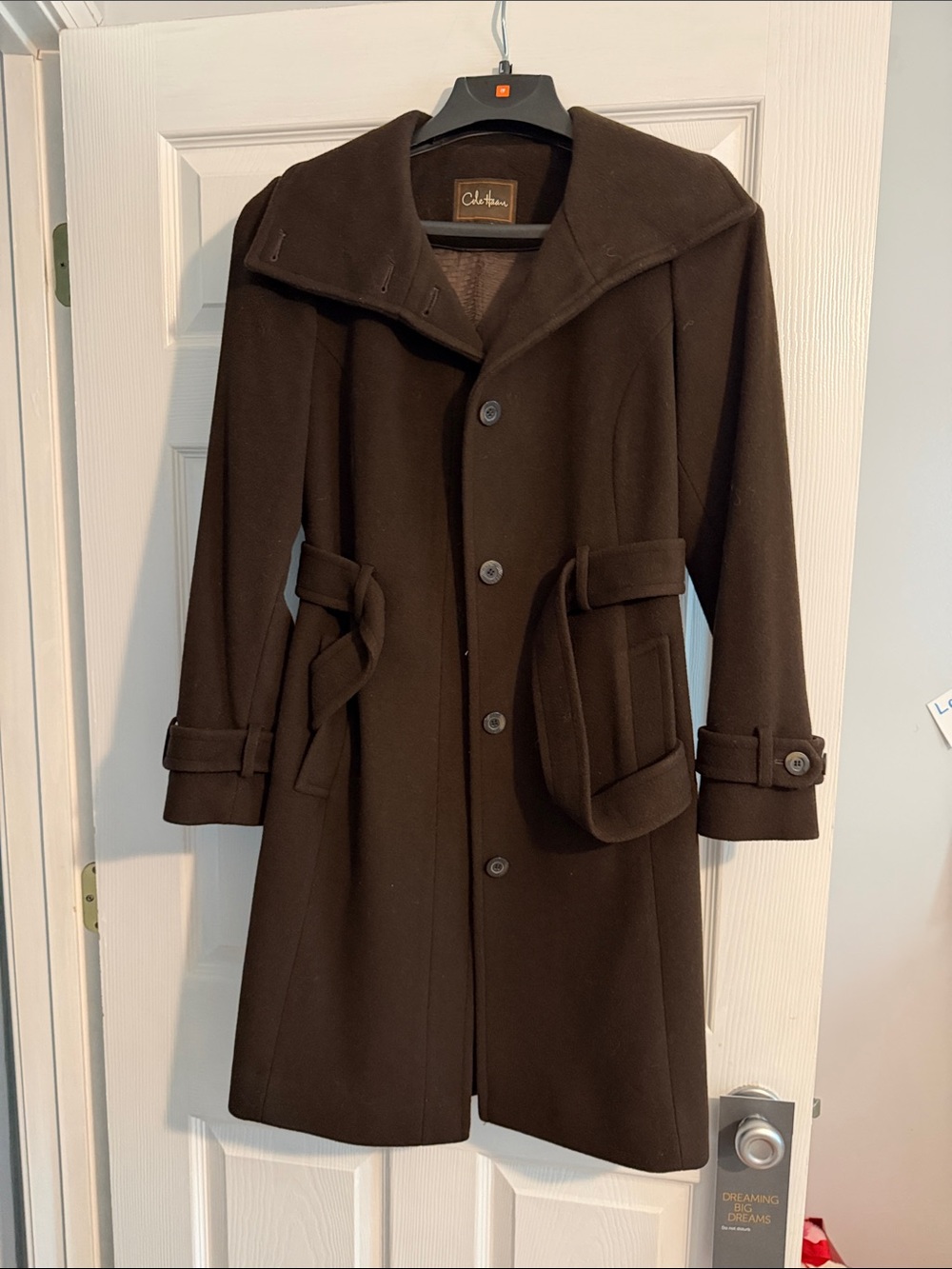Cole Haan Dark Brown Wool-Blend Belted Pea Coat